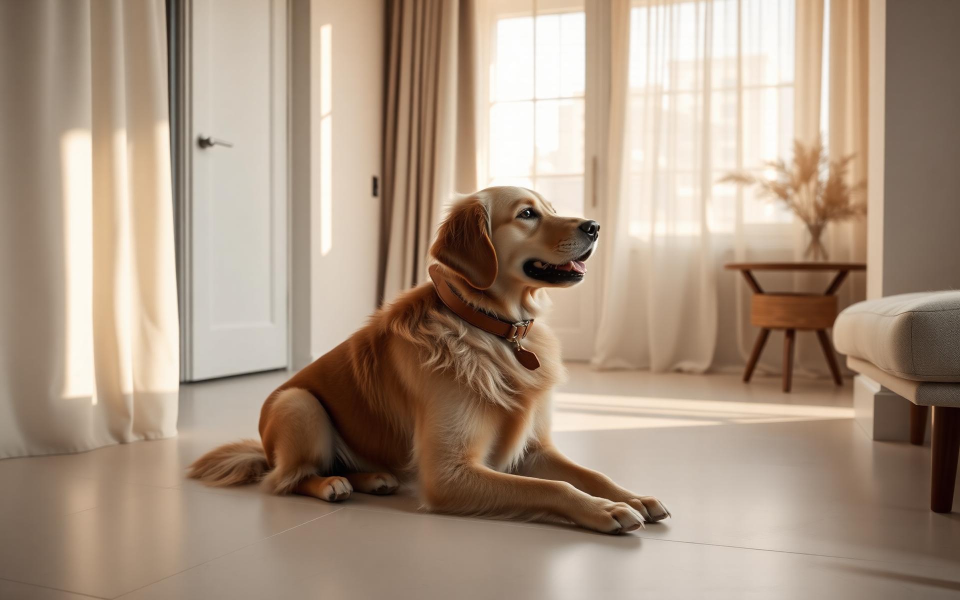 A serene golden retriever in a sunlit Scandinavian interior wearing a hand-stitched leather collar
