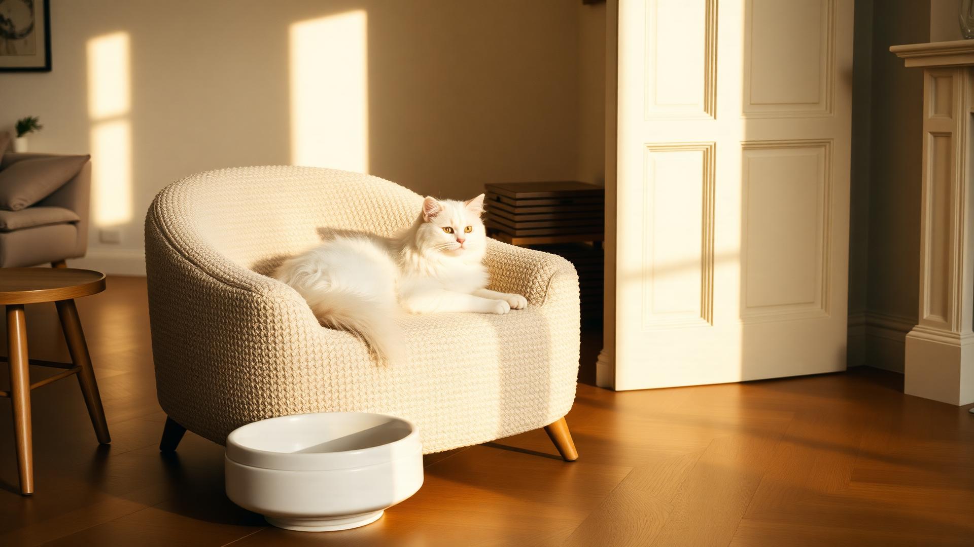 A serene white cat rests on a cream bouclé chair beside a handmade ceramic bowl